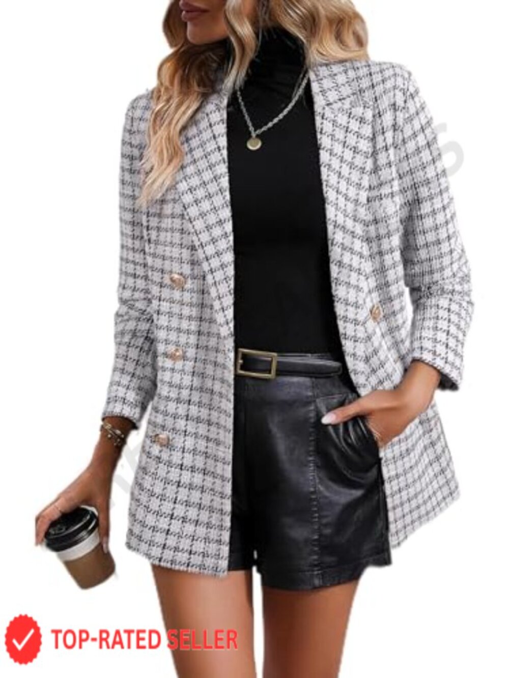 Women's Plaid Tweed Double Breasted Blazer Long Sleeve Open Front Work Suit